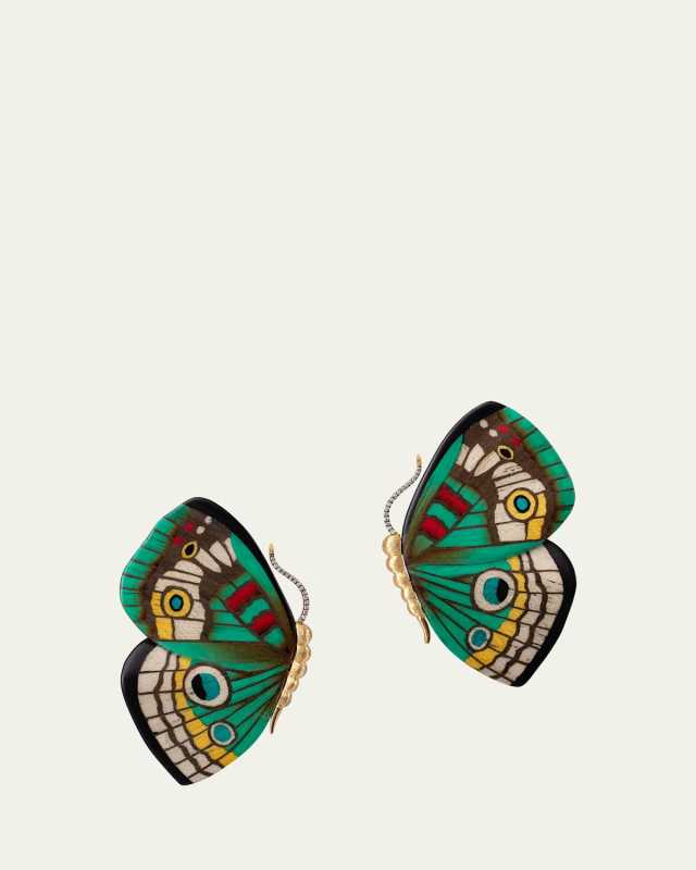 18K Yellow Gold Butterfly Marquetry Earrings with Diamonds, Small